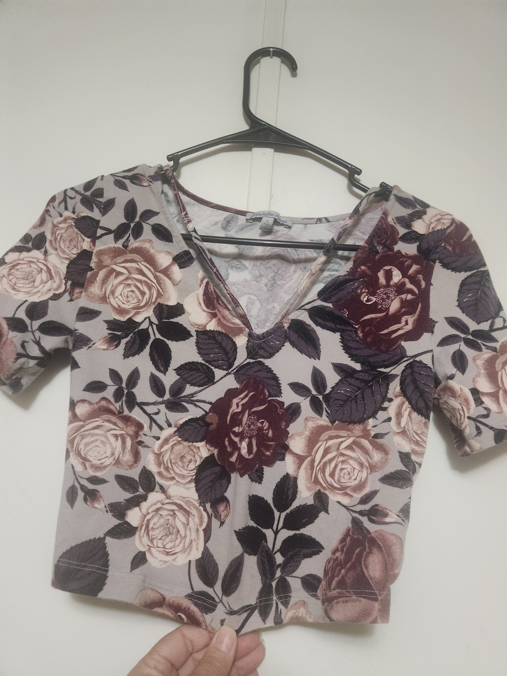 Charlotte Russe Floral V-Neck Cropped Top in Mauve and Burgundy